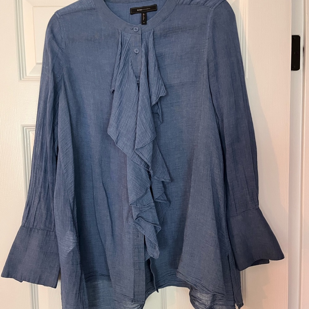BCBGMaxAzria Slate Blue Ruffle Blouse - Picture 2 of 5